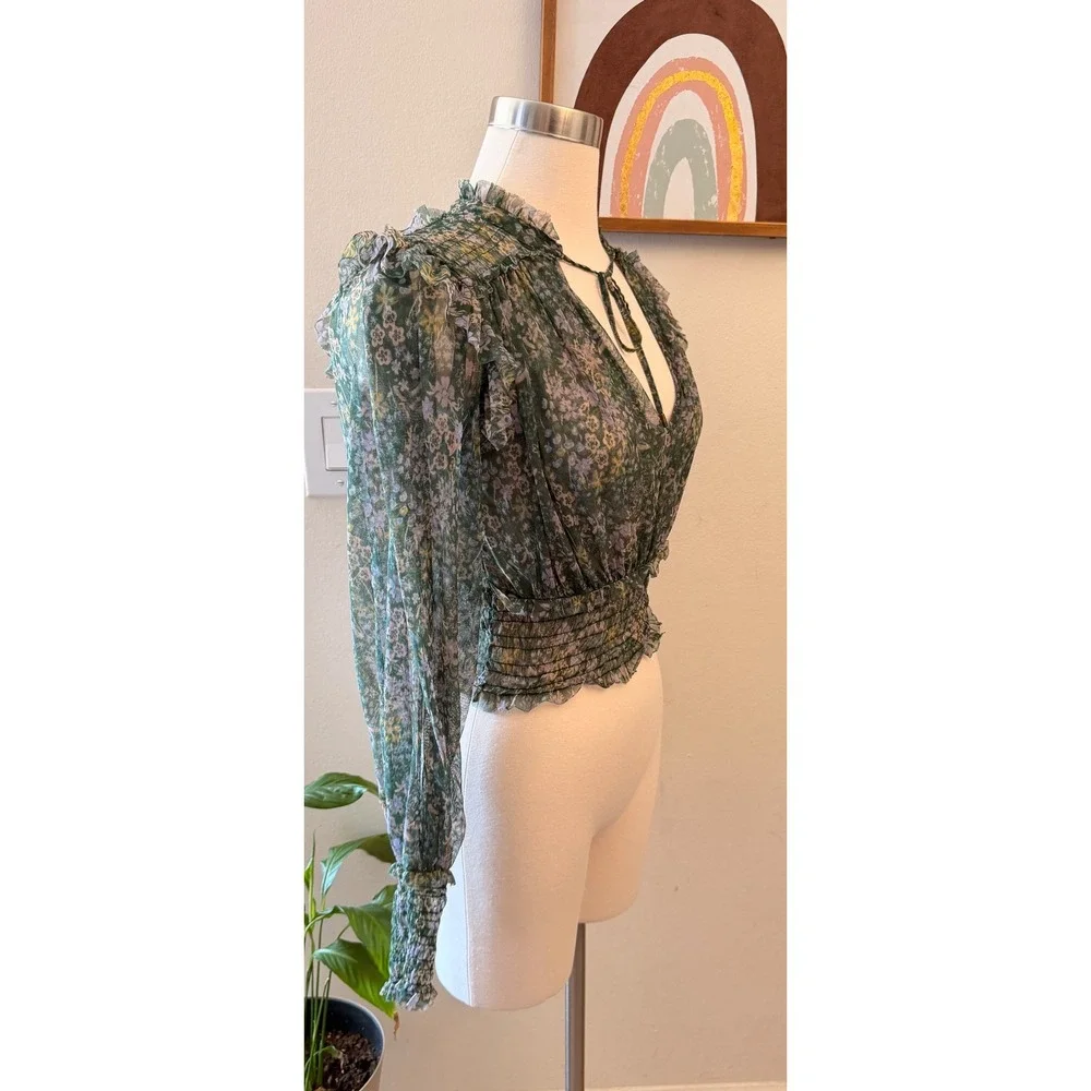 Free People Floral Mesh Crop Top Womens XS Green Boho Smocked Ruffle Blouse